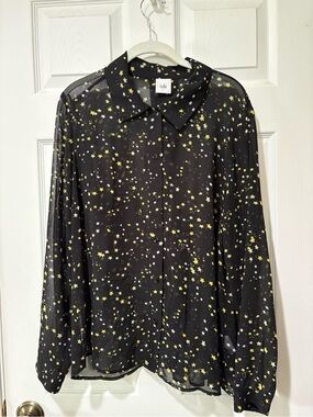 CAbi Black Starry Button-Front Blouse with Yellow & White Stars